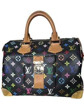 Louis Vuitton Black Multicolor Monogram Satchel with Tan Handles